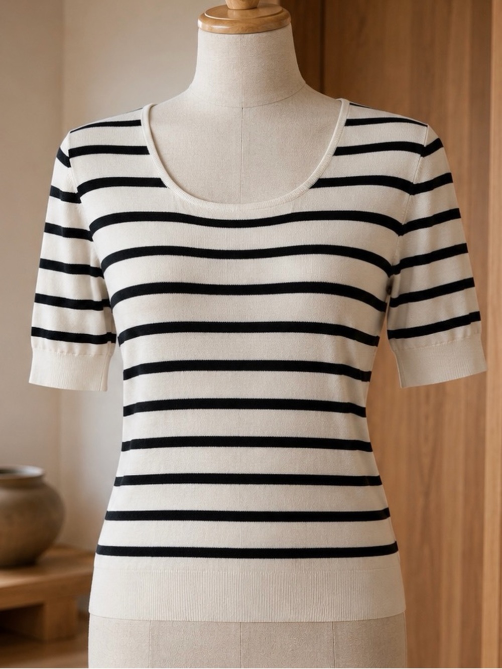 Lilysilk Scoopneck Mulberry Silk Knit Striped Cream Top - Picture 3 of 15